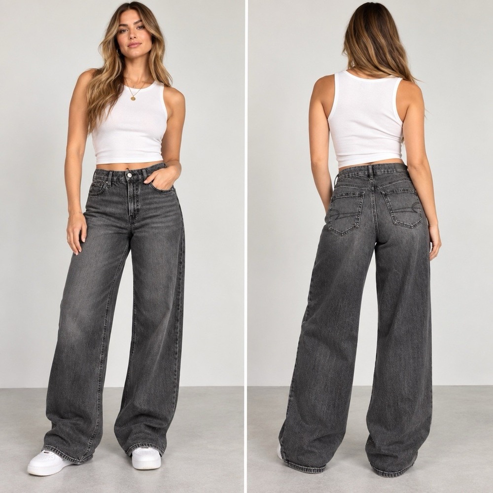 American Eagle Curvy 4 Long Black Baggy Wide Leg Jeans Super High Rise Y2K - Picture 11 of 16